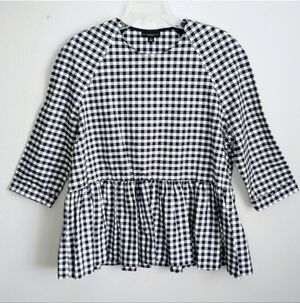 Victoria Beckham Blouse Top Women's Size Large Navy Gingham Pepluim Hem Preppy